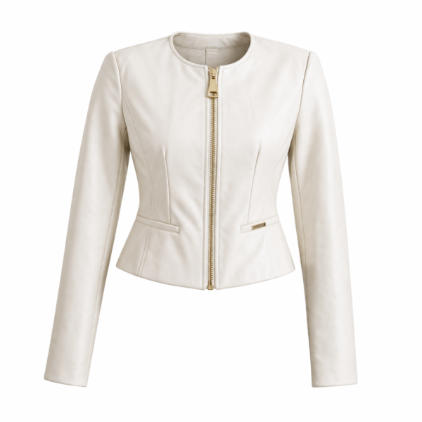 Bézs színű, elöl végig arany cipzáras rövid dzseki álló szabásban, elölről fotózva, letisztult világos háttér előtt.