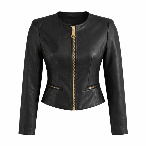 Fekete színű, elöl végig arany cipzáras rövid dzseki álló szabásban, elölről fotózva, letisztult világos háttér előtt.